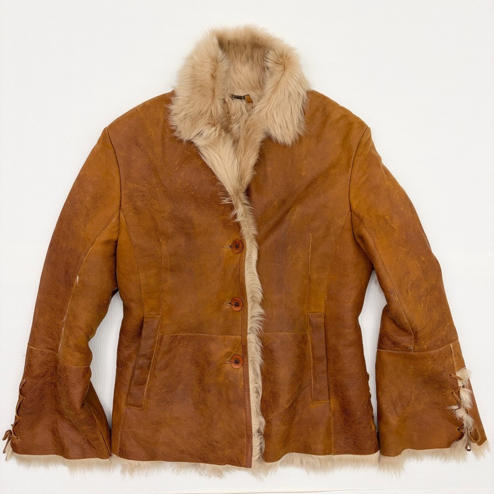 Sued Mod Vintage Shearling Jacket Leather Fur Trim Size L Tan Penny Lane Boho